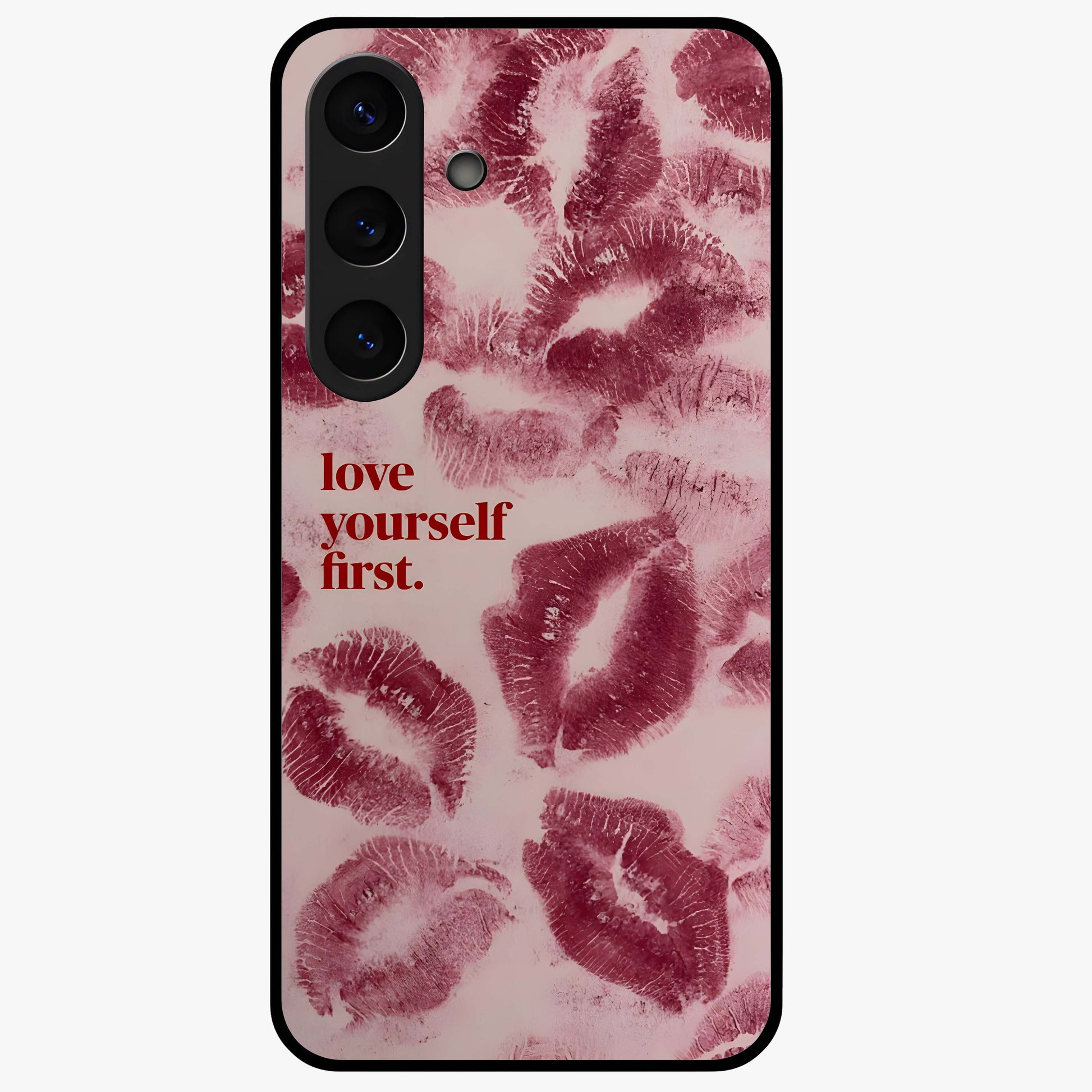 Crimson Kiss Love Glass Case showing flat back view with romantic crimson themed artwork and glossy glass finish.