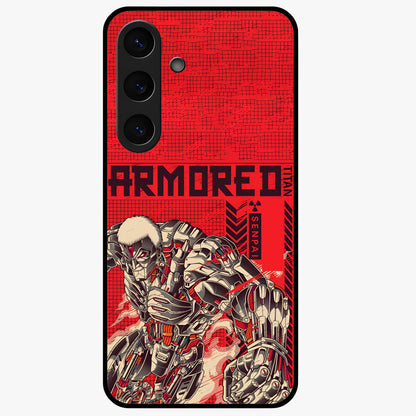 Crimson Mecha Titan Glass Case showing flat back view with powerful mech titan artwork and glossy glass finish.