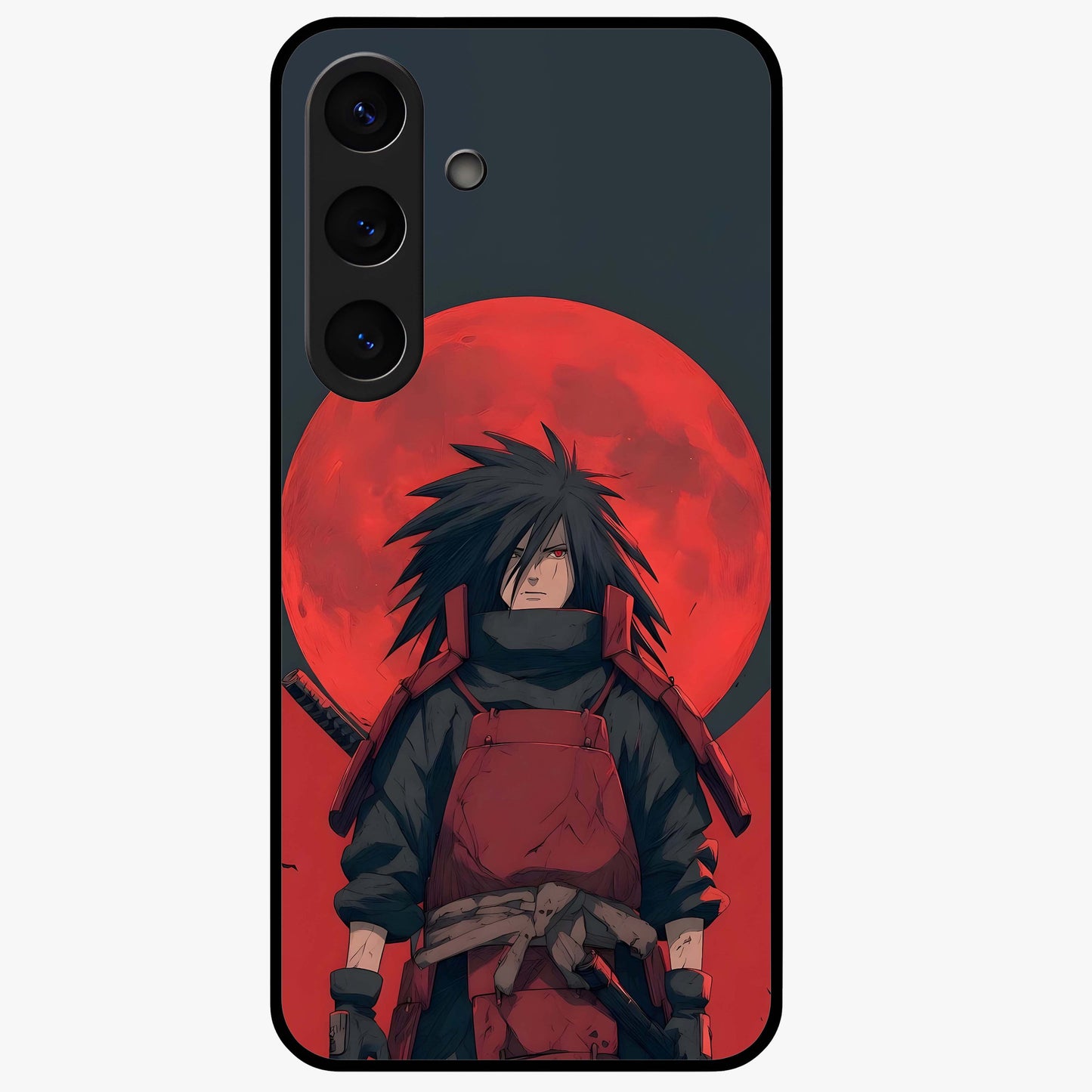 Crimson Moon Warlord Glass Case showing flat back view with mystical moon warrior artwork and glossy glass finish.
