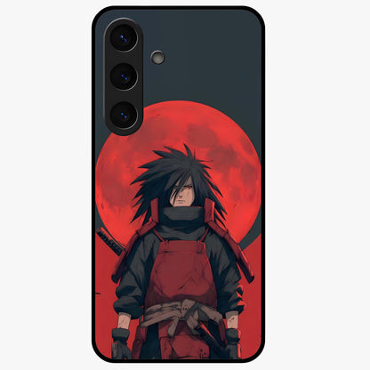 Crimson Moon Warlord Glass Case showing flat back view with mystical moon warrior artwork and glossy glass finish.