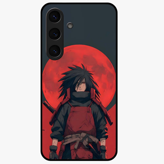 Crimson Moon Warlord Glass Case showing flat back view with mystical moon warrior artwork and glossy glass finish.
