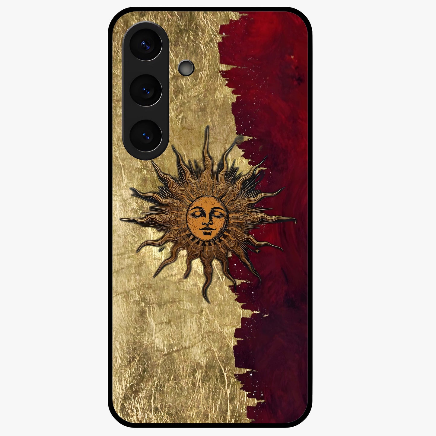 Crimson Sun Majesty Glass Case showing flat back view with radiant sun inspired artwork and glossy glass finish.