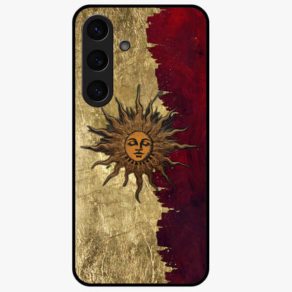 Crimson Sun Majesty Glass Case showing flat back view with radiant sun inspired artwork and glossy glass finish.