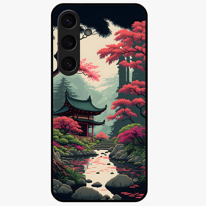 Crimson Temple View Glass Case showing flat back view with temple inspired artwork and glossy glass finish.