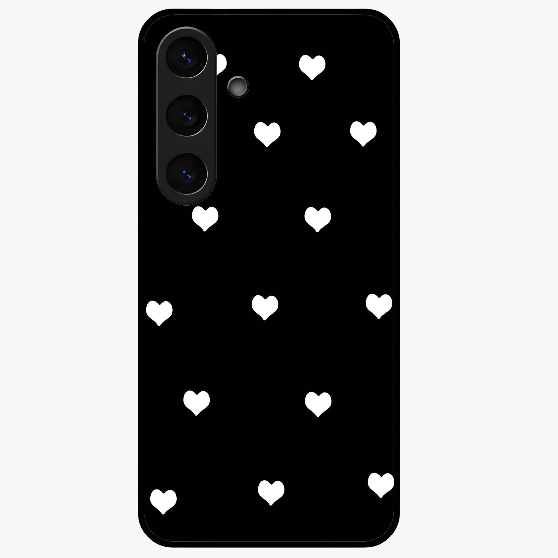 Cute And Simple White Hearts Glass Case showing flat back view with minimal white heart pattern and glossy glass finish.
