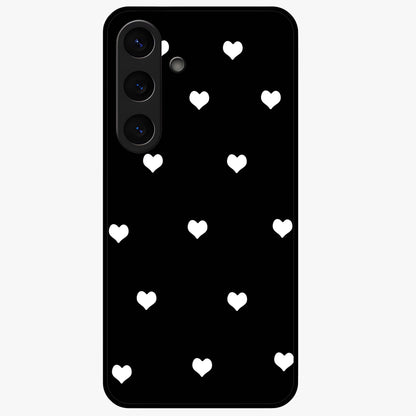 Cute And Simple White Hearts Glass Case showing flat back view with minimal white heart pattern and glossy glass finish.