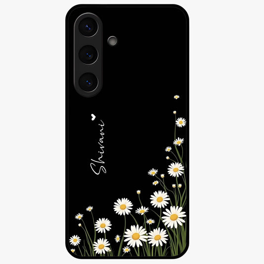 Daisy Cascade Custom Name Glass Case showing flat back view with cascading daisy flowers and personalized name design.