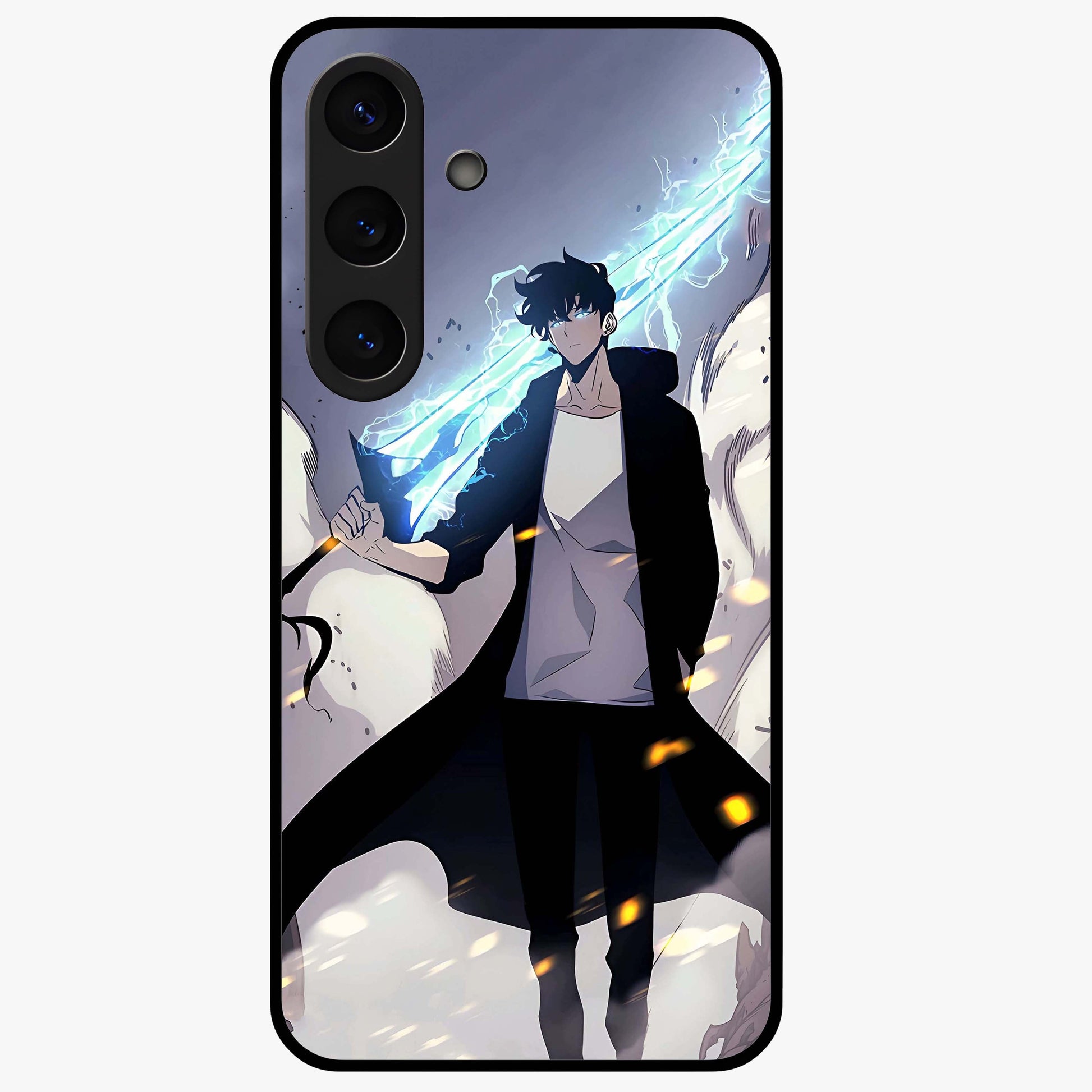Dark Lightning Anime Warrior Glass Case showing flat back view with intense anime warrior artwork and glossy glass finish.