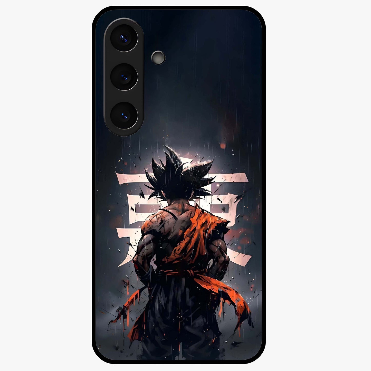 Dark Warrior In Rain Glass Case showing flat back view with warrior artwork in rainy atmosphere and glossy glass finish.