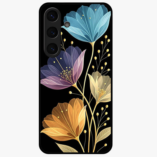Delicate Multicolor Flowers Glass Case showing flat back view with vibrant floral artwork and glossy glass finish.