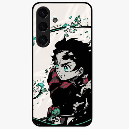 Demon Slayer Glass Case showing flat back view with bold anime inspired artwork and glossy glass finish.
