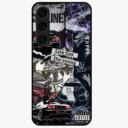 Die Young Glass Case showing flat back view with bold artistic typography design and glossy glass finish.