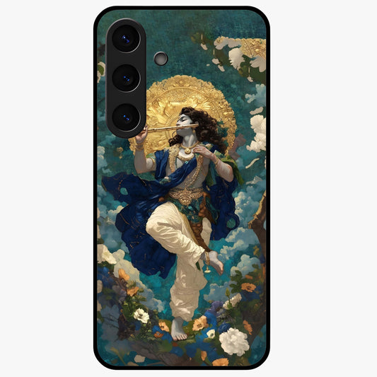 Divine Krishna Art Glass Case showing flat back view with Lord Krishna artwork and glossy glass finish.
