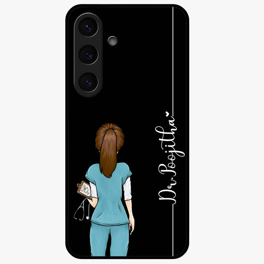 Doctor Pattern Custom Name Glass Case showing flat back view with medical themed pattern and personalized name design.
