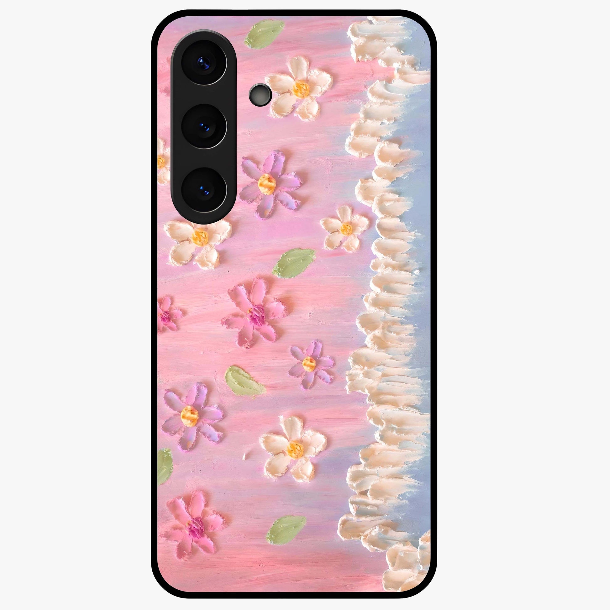 Dreamy Painted Garden Glass Case showing flat back view with artistic painted floral garden artwork and glossy glass finish.