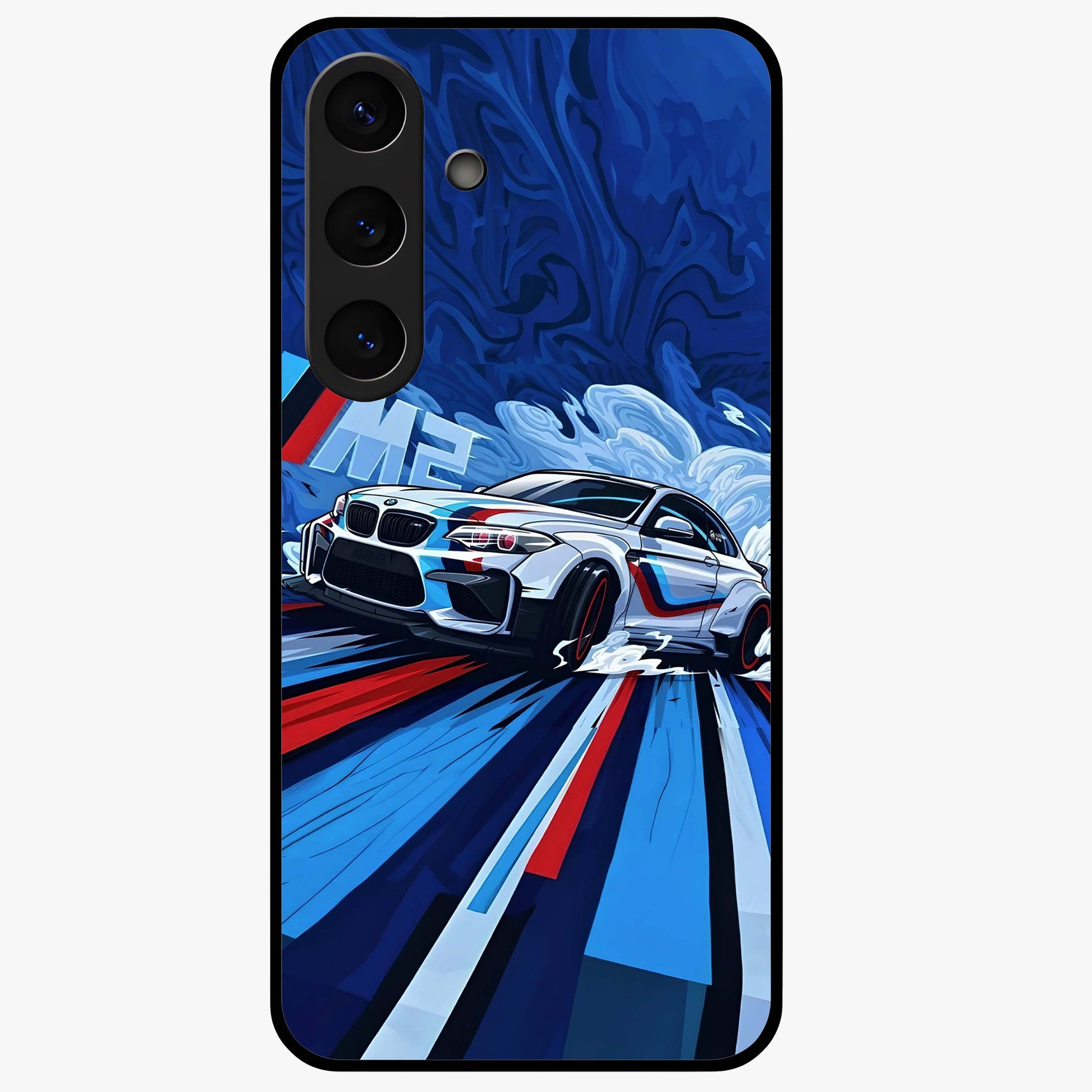 Drift Power Rush Glass Case showing flat back view with dynamic racing inspired artwork and glossy glass finish.