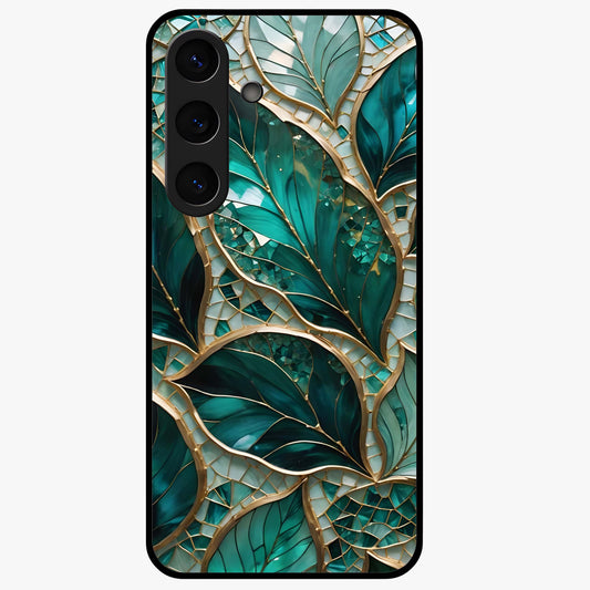 Emerald Leaf Glass Glass Case showing flat back view with emerald green leaf artwork and glossy glass finish.