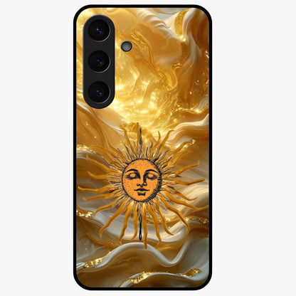 Eternal Golden Glow Glass Case showing flat back view with radiant golden themed artwork and glossy glass finish.