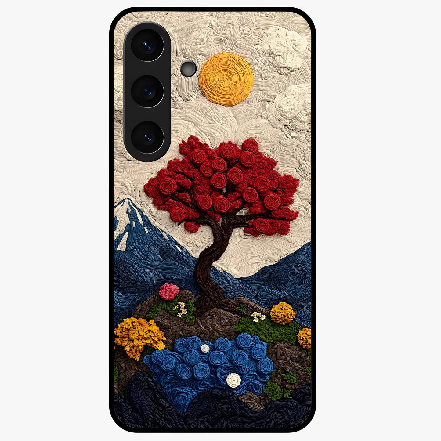 Eternal Nature Tapestry Glass Case showing flat back view with intricate nature tapestry artwork and glossy glass finish.