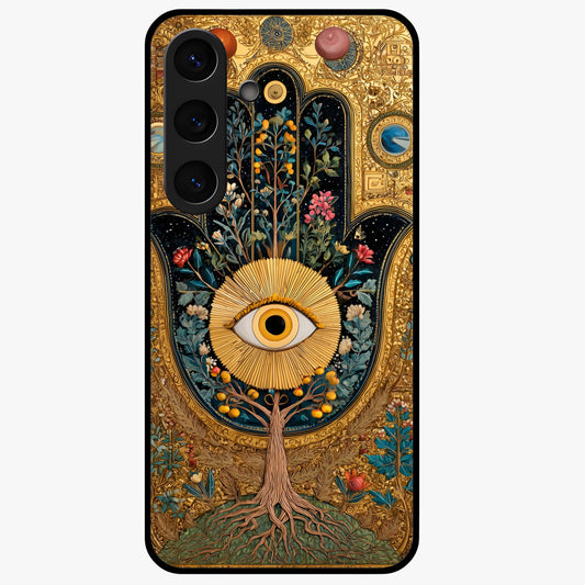 Ethereal Evil Eye Glass Case showing flat back view with mystical evil eye artwork and glossy glass finish.