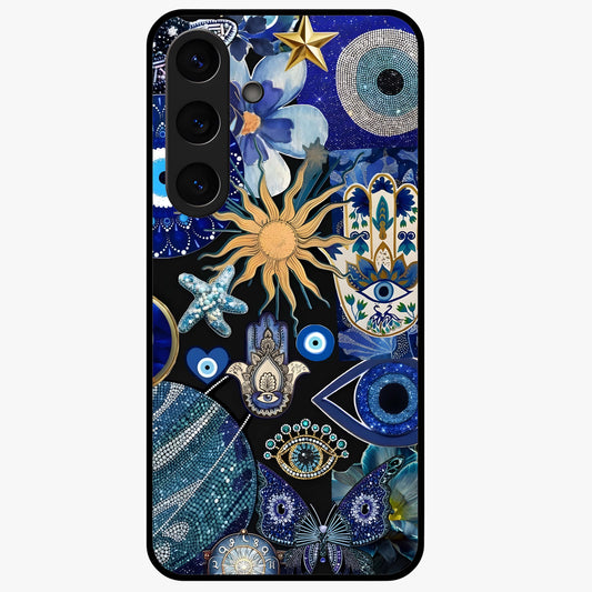 Evil Eye Charm Mix Glass Case showing flat back view with multiple evil eye charms artwork and glossy glass finish.