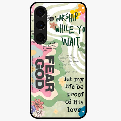 Faith Over Fear Glass Case showing flat back view with motivational typography artwork and glossy glass finish.