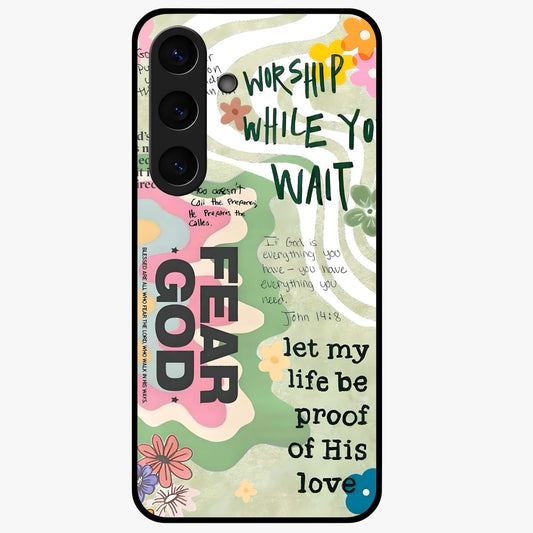 Faith Over Fear Glass Case showing flat back view with motivational typography artwork and glossy glass finish.