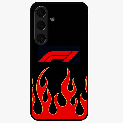 Fire F11 Glass Case showing flat back view with fiery themed artwork and glossy glass finish.