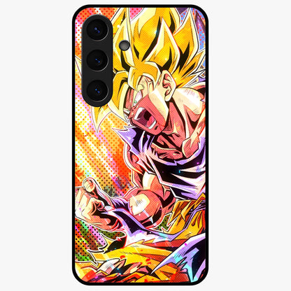 Firing Goku Glass Case showing flat back view with powerful anime inspired artwork and glossy glass finish.