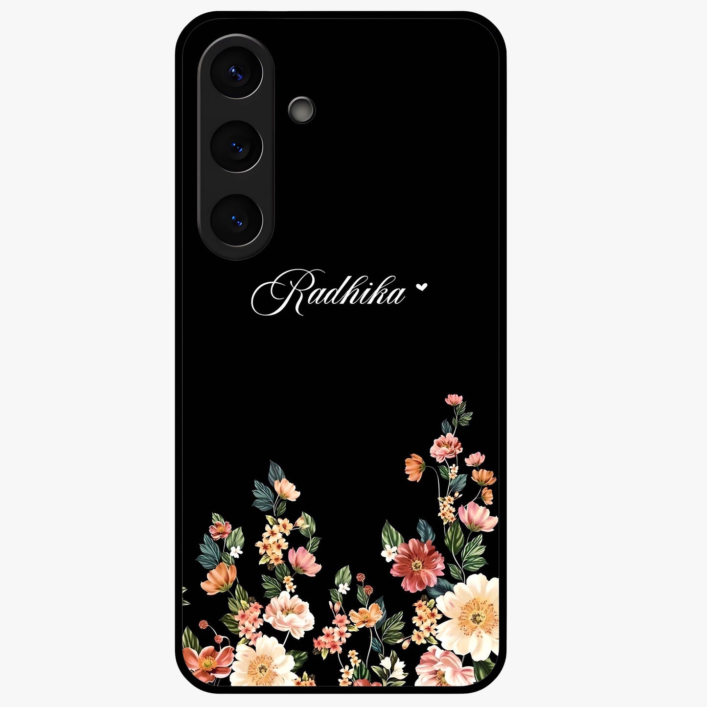 Floral Design With a Custom Personalized Name Glass Case showing flat back view with floral artwork and personalized name design.