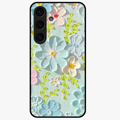 Frosted Petal Garden Glass Case showing flat back view with soft frosted floral artwork and glossy glass finish.