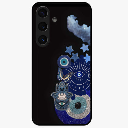 Galactic Charm Cluster Glass Case showing flat back view with glowing celestial charm artwork and glossy glass finish.