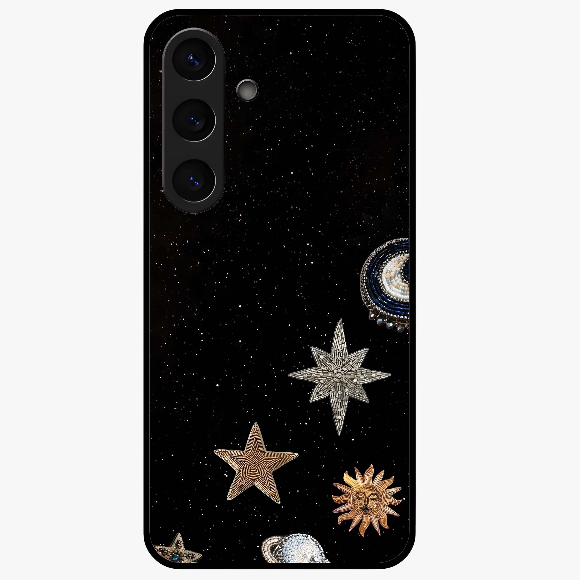 Galactic Charm Glow Glass Case showing flat back view with glowing celestial charm artwork and glossy glass finish.
