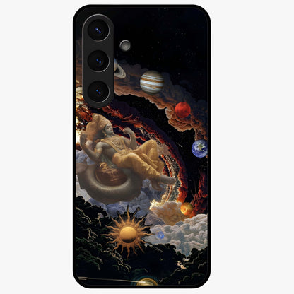 Galactic Divine God Glass Case showing flat back view with divine cosmic themed artwork and glossy glass finish.