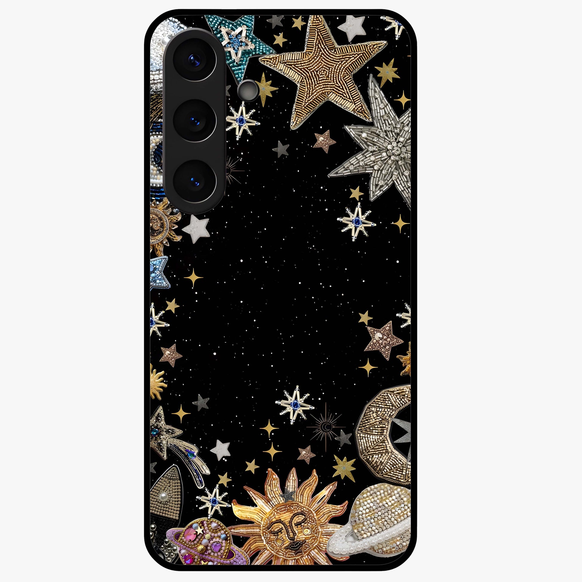 Galactic Jewel Stars Glass Case showing flat back view with sparkling star jewel artwork and glossy glass finish.