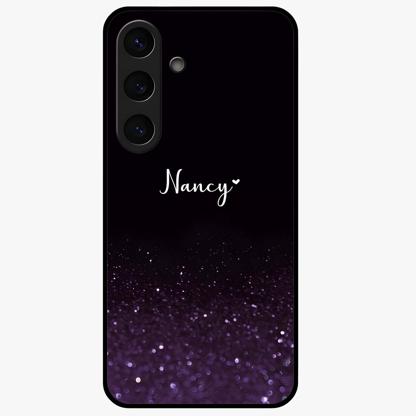 Glittery Purple Bokeh Custom Name Glass Case showing flat back view with purple bokeh sparkle artwork and personalized name design.