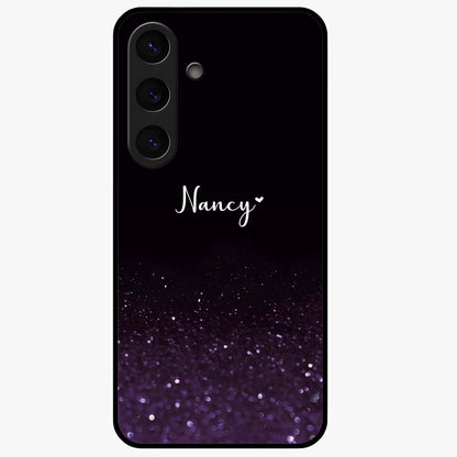 Glittery Purple Bokeh Custom Name Glass Case showing flat back view with purple bokeh sparkle artwork and personalized name design.
