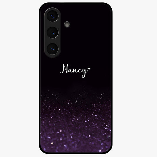 Glittery Purple Bokeh Custom Name Glass Case showing flat back view with purple bokeh sparkle artwork and personalized name design.