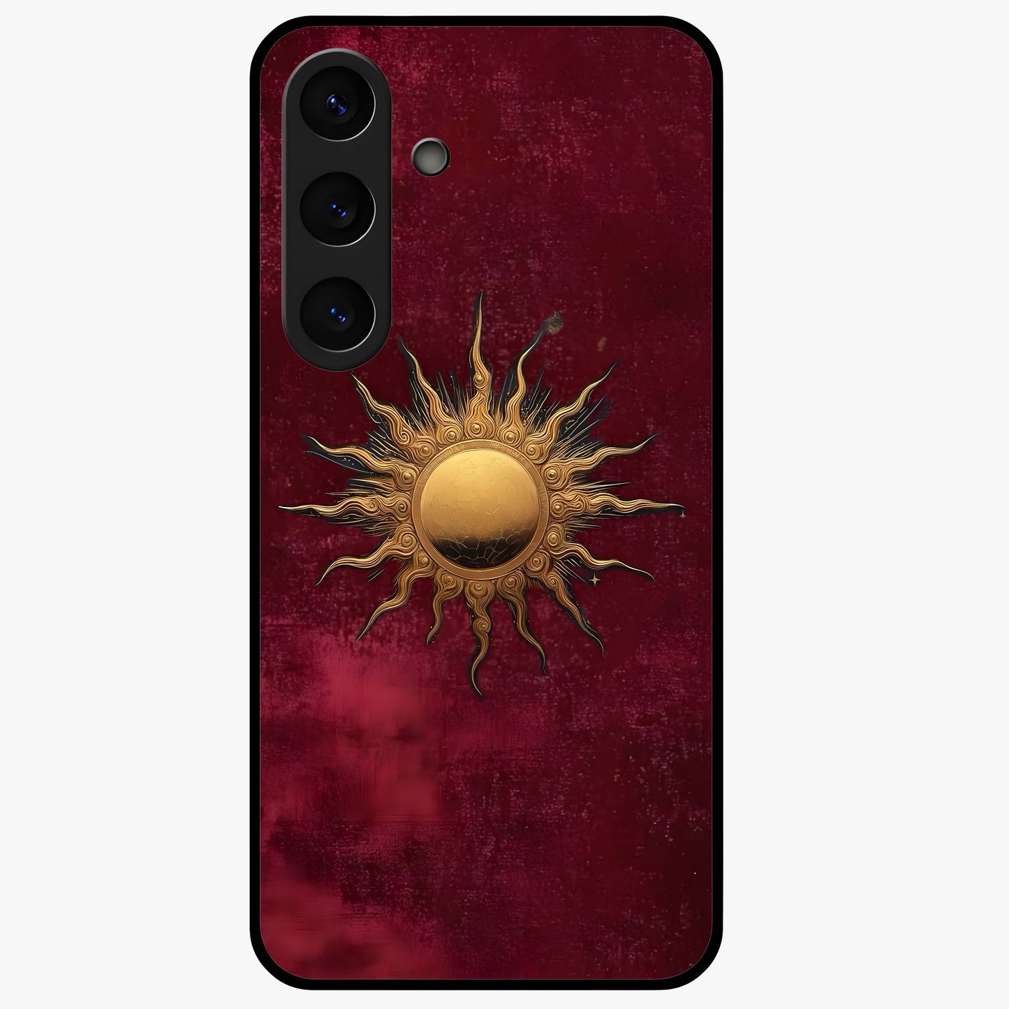 Gold Sun Blush Glass Case showing flat back view with golden sun inspired artwork and glossy glass finish.