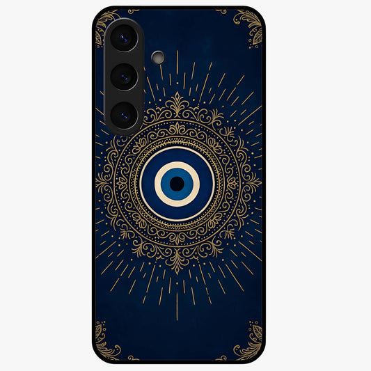 Golden Evil Eye Mandala Glass Case showing flat back view with intricate evil eye mandala artwork and glossy glass finish.
