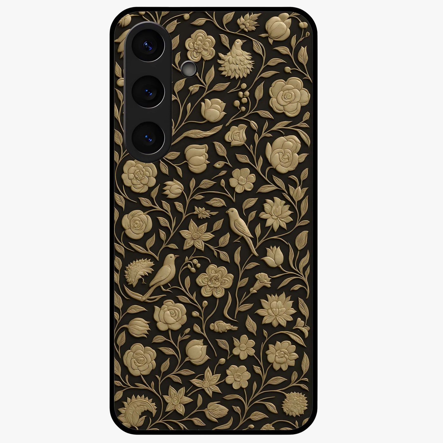Golden Floral Majesty Glass Case showing flat back view with luxurious golden floral artwork and glossy glass finish.