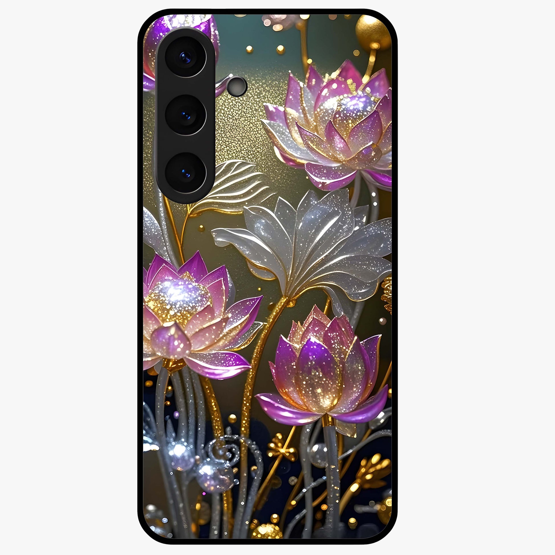 Golden Lotus Glow Glass Case showing flat back view with glowing lotus flower artwork and glossy glass finish.