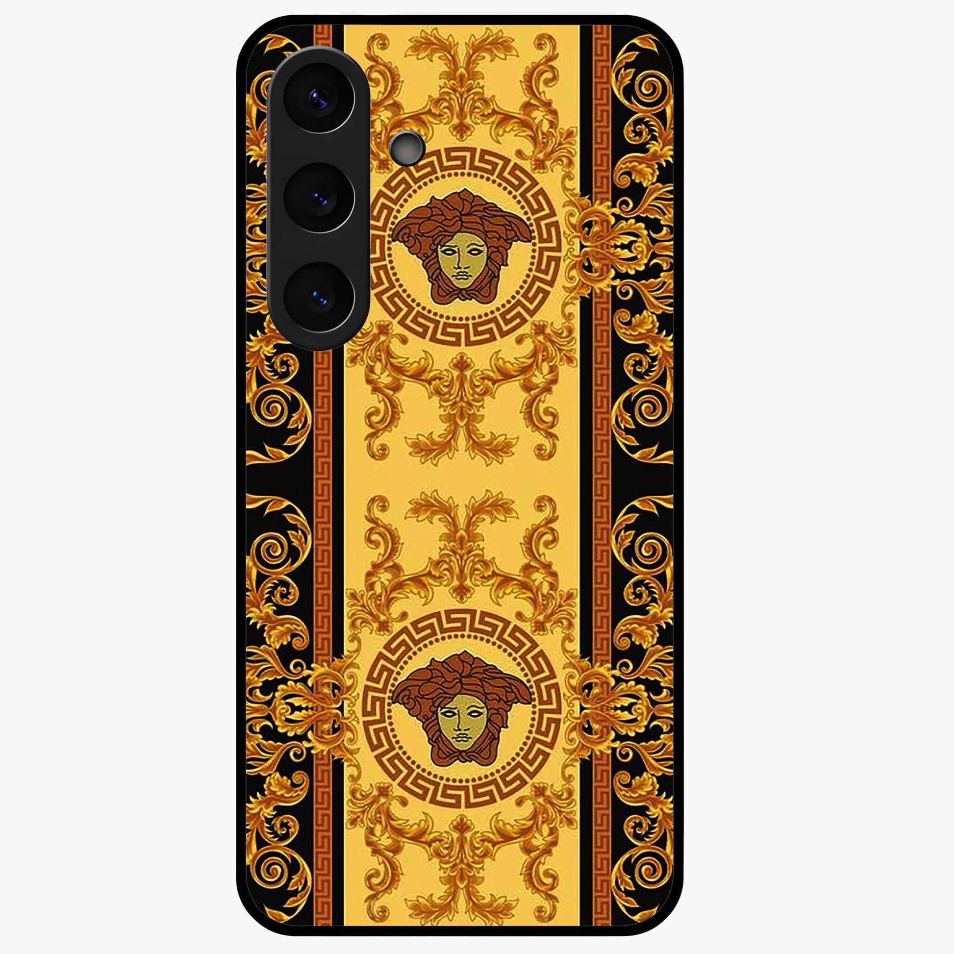 Golden Royal Heritage Glass Case showing flat back view with ornate royal pattern artwork and glossy glass finish.