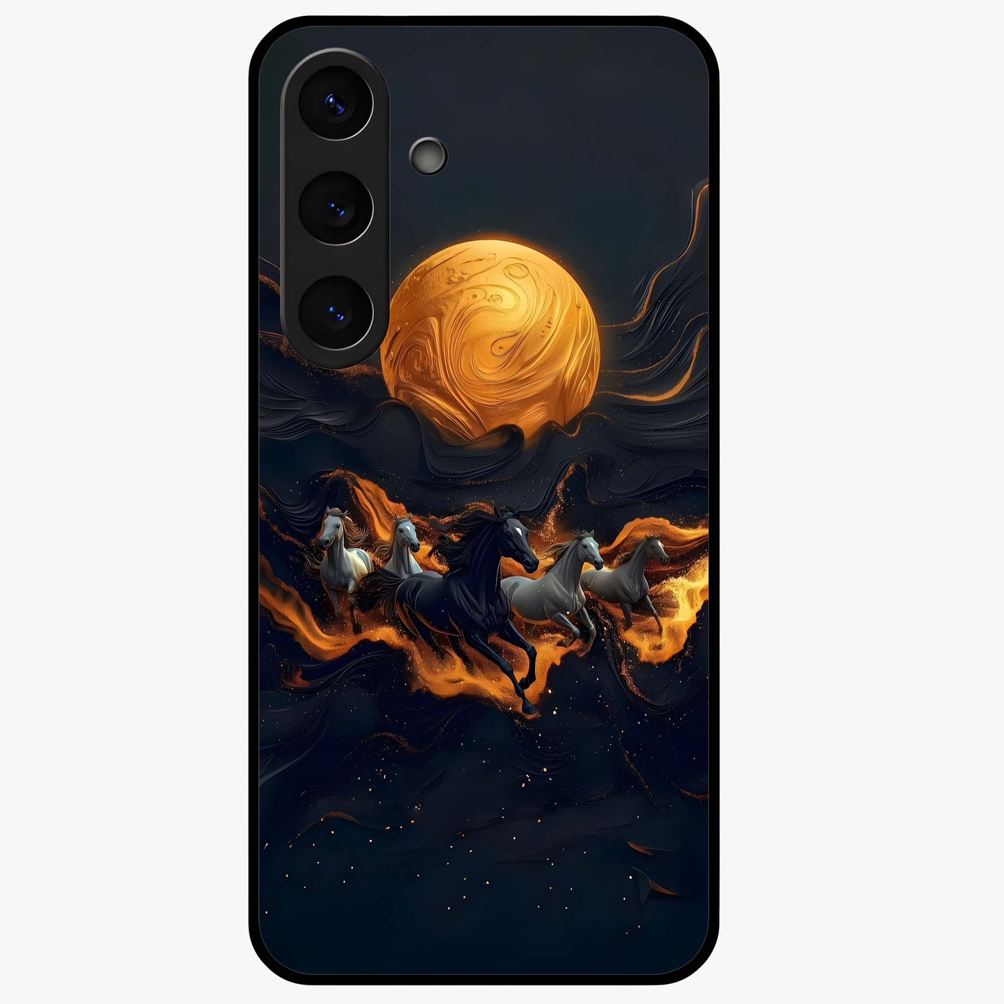 Golden Stallion Moonride Glass Case showing flat back view with majestic horse under moonlight artwork and glossy glass finish.