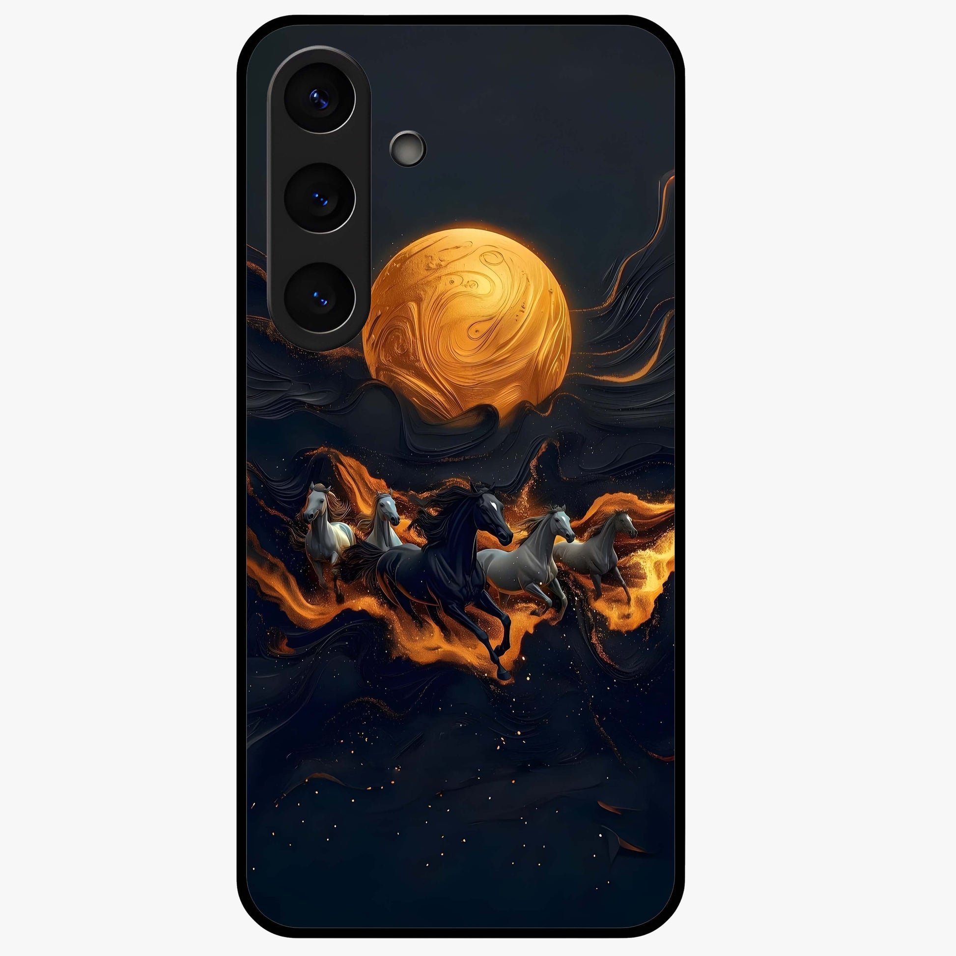 Golden Stallion Moonride Glass Case showing flat back view with majestic horse under moonlight artwork and glossy glass finish.