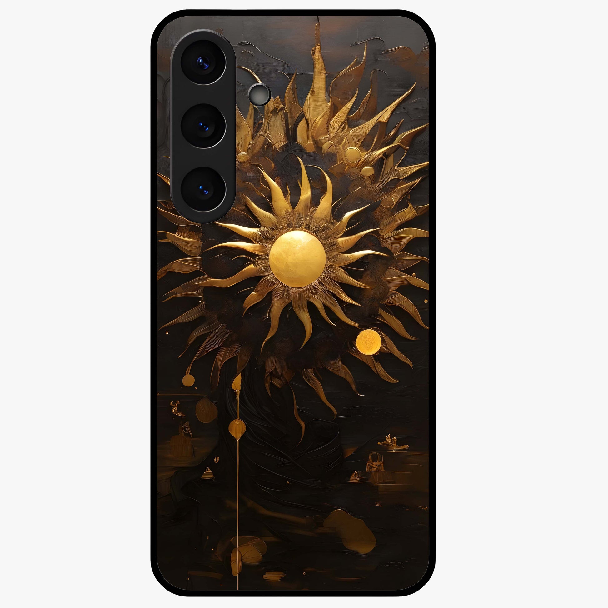 Golden Sun Majesty Glass Case showing flat back view with radiant golden sun artwork and glossy glass finish.
