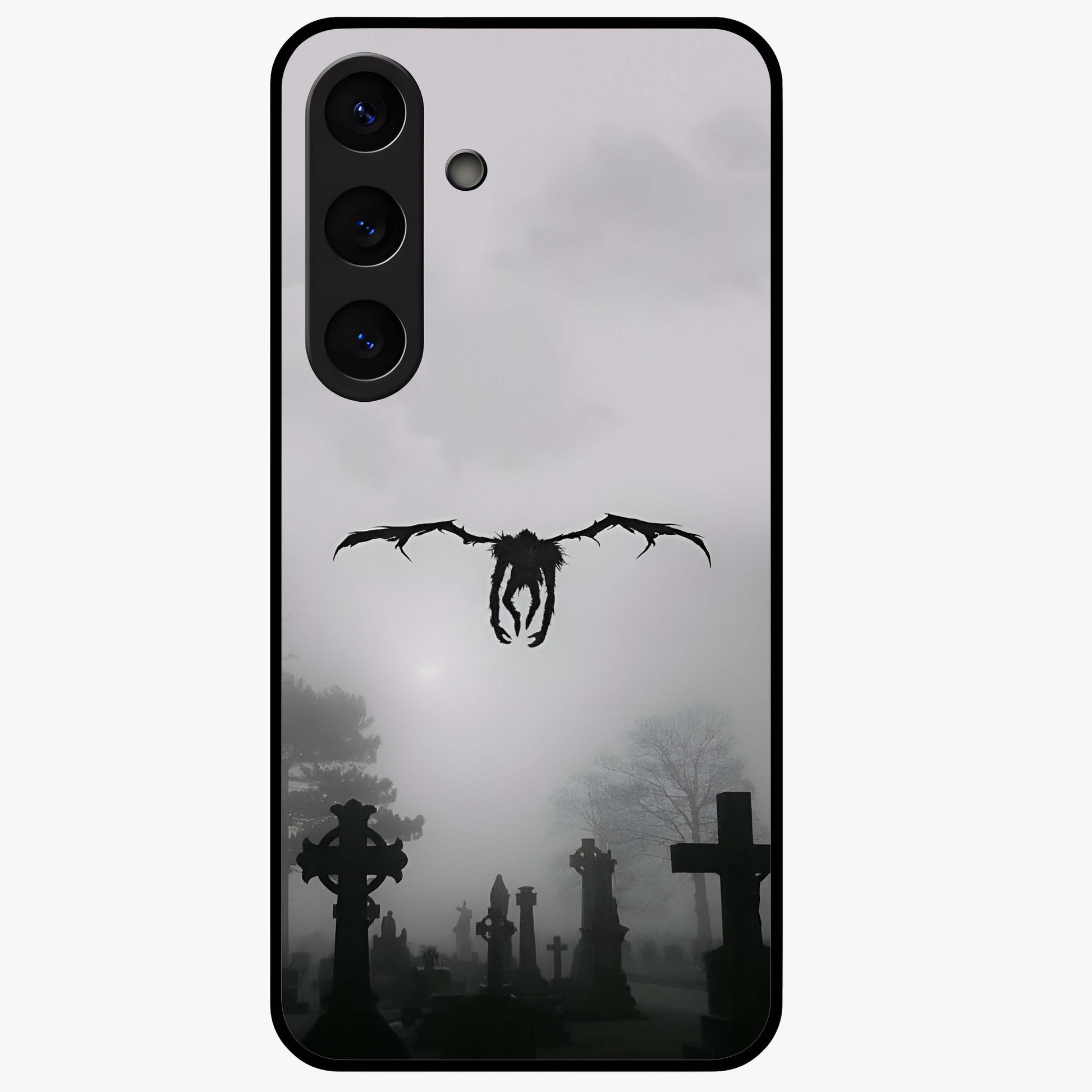 Graveyard Shadow Descent Glass Case showing flat back view with dark graveyard themed artwork and glossy glass finish.