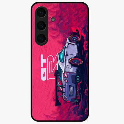 GT-R Car Pattern Glass Case showing flat back view with sporty car inspired pattern artwork and glossy glass finish.