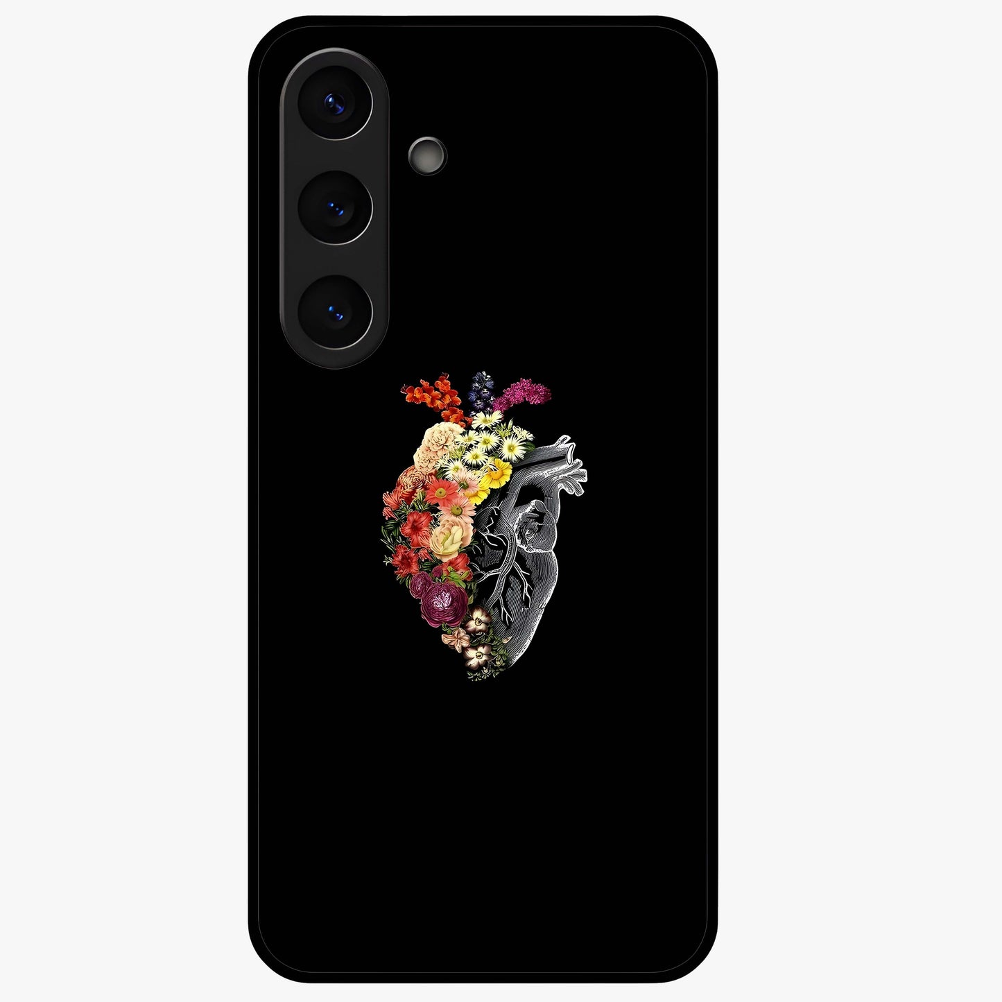 Heart With Flowers Glass Case showing flat back view with heart shaped floral artwork and glossy glass finish.