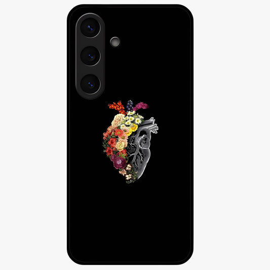 Heart With Flowers Glass Case showing flat back view with heart shaped floral artwork and glossy glass finish.
